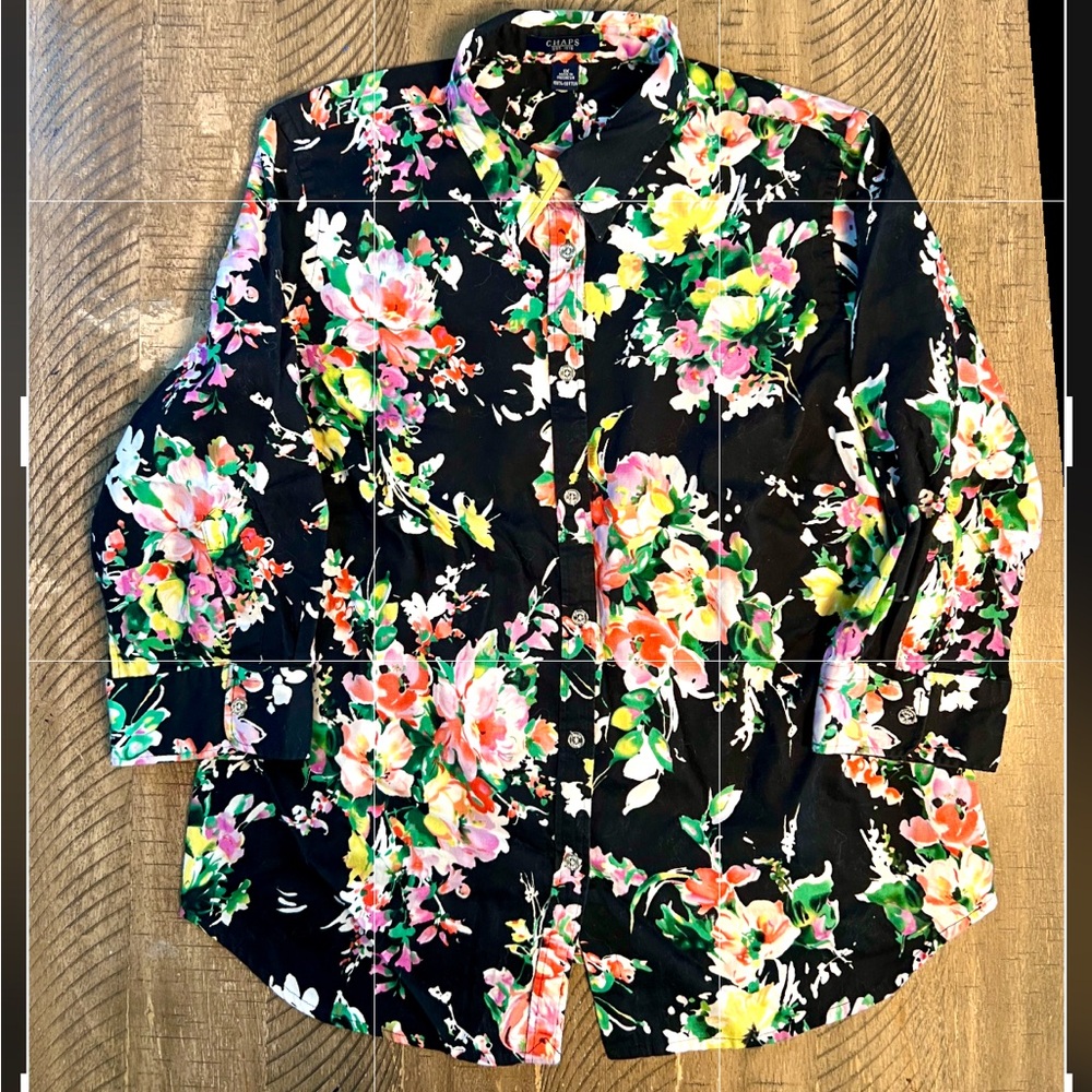 Chaps women’s button down black floral blouse Sz 1X